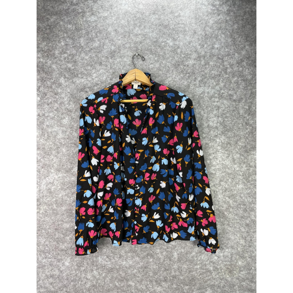 J.CREW Tops - J Crew Blouse Womens Large Black Floral Mock Neck Ruffle Long Sleeve Top